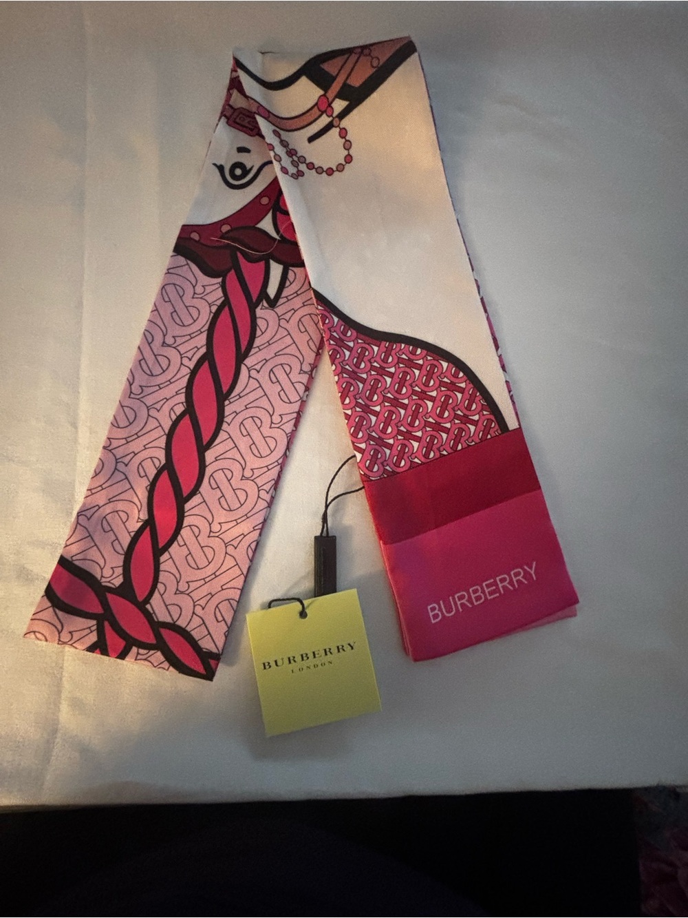Pink and White Printed Silk Twilly Scarf